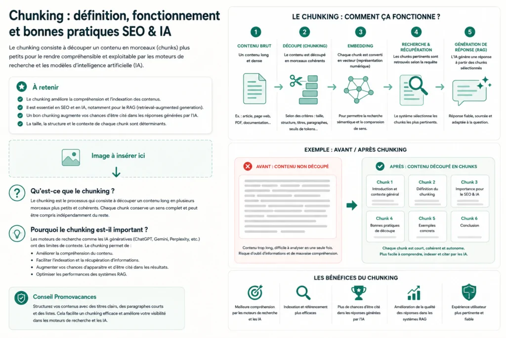 Chunking : definition, role et bonnes pratiques SEO 1 Infographie : le chunking en cinq étapes, du contenu brut au découpage en chunks puis à la réponse générée