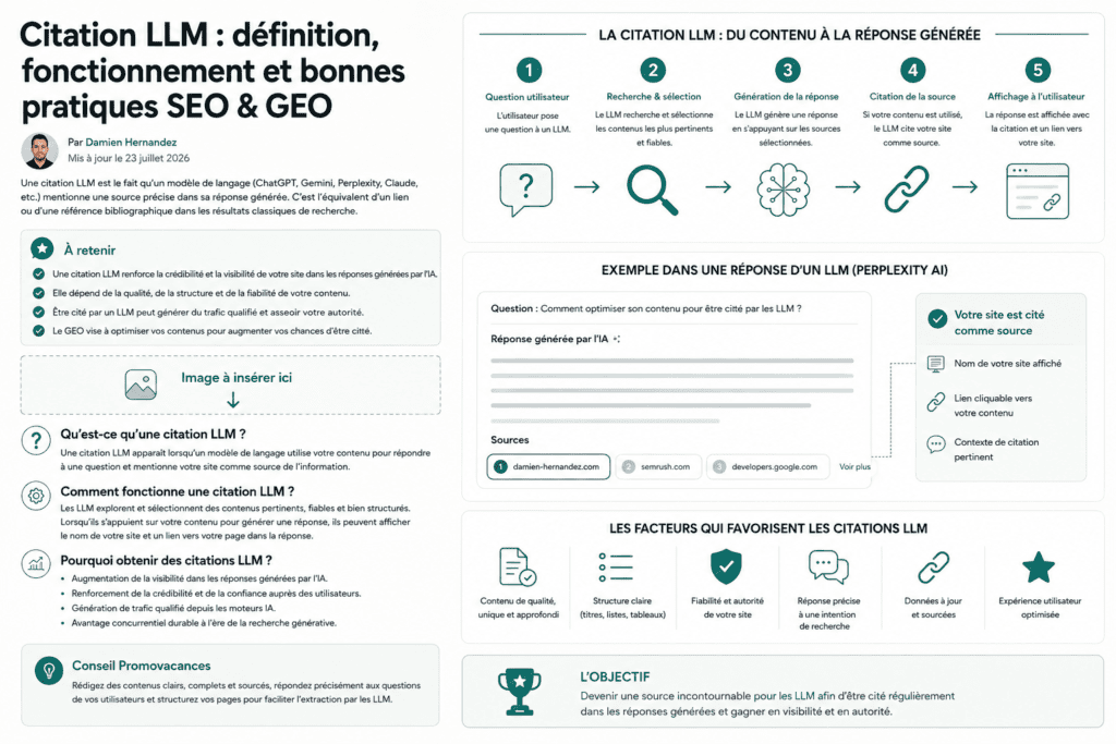 Citation LLM : définition, rôle et bonnes pratiques SEO 1 Infographie : les cinq étapes d'une citation LLM, de la question de l'utilisateur à l'affichage de la source