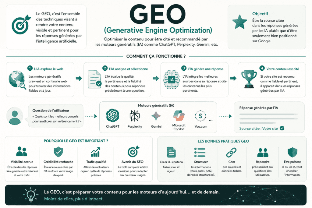 GEO (Generative Engine Optimization) : définition, rôle et bonnes pratiques SEO 1 Infographie : les quatre étapes du GEO, de l'exploration du web par l'IA jusqu'à la citation de la source