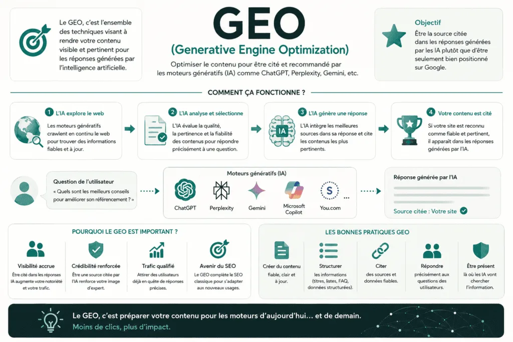 GEO (Generative Engine Optimization) : définition, rôle et bonnes pratiques SEO 1 Infographie : les quatre étapes du GEO, de l'exploration du web par l'IA jusqu'à la citation de la source