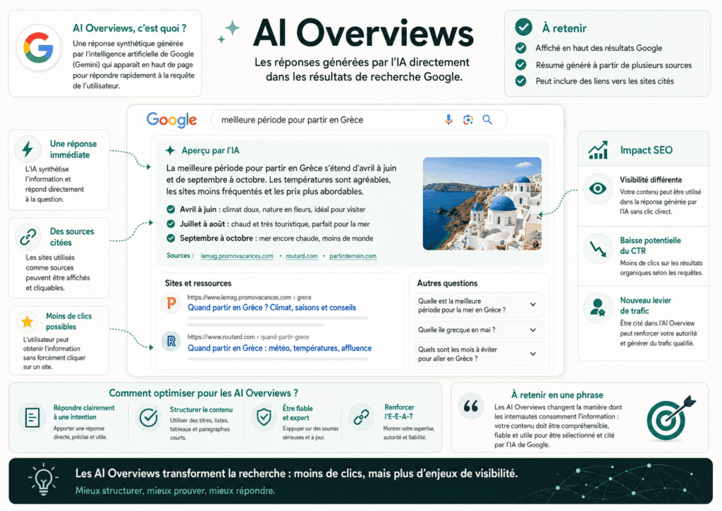 AI Overviews : definition, role et bonnes pratiques SEO 1 Infographie : un aperçu IA de Google en tête de résultats, sa réponse synthétisée et ses sources citées