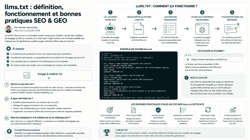 llms.txt : definition, role et bonnes pratiques SEO 1 Infographie : le parcours décrit par la convention llms.txt, de la visite du site à la réutilisation dans la réponse
