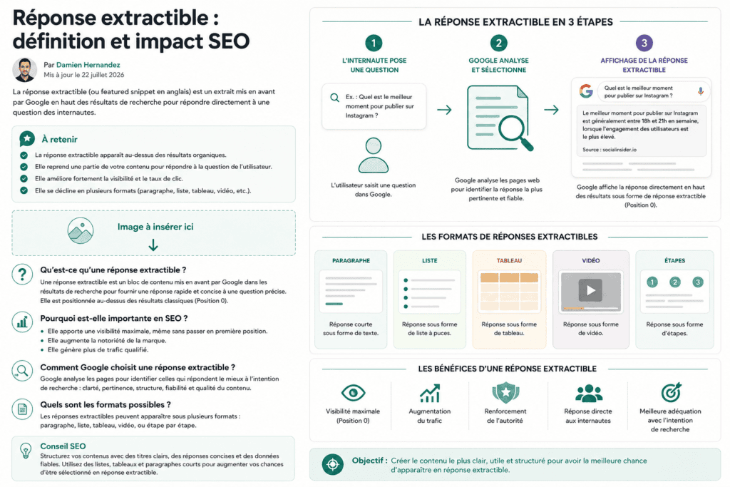 Réponse extractible : définition, rôle et bonnes pratiques SEO 1 Infographie : les trois étapes d'une réponse extractible, de la question à l'affichage en position zéro